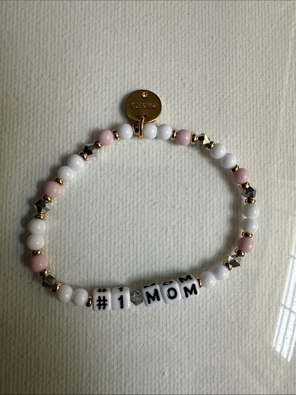 Little Words Project #1 MOM Beaded Stretch Bracelet in White & Pink size XS